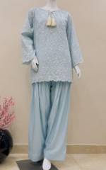 3 piece premium Lawn sheesha Silk chicken kari short shirt and shalwar with shaffon dupatta