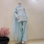 3 piece premium Lawn sheesha Silk chicken kari short shirt and shalwar with shaffon dupatta - Image 2